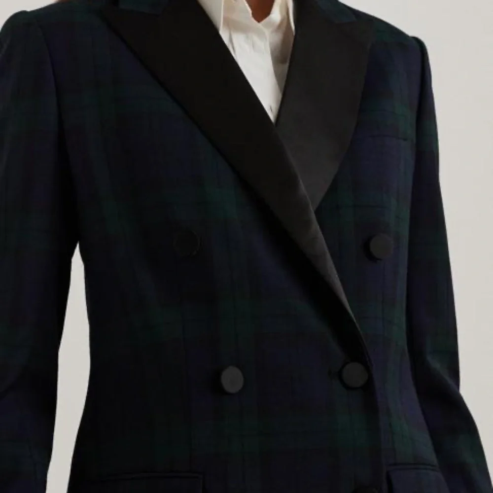 Ralph Lauren Plaid Double Breasted Satin Wool Tuxedo Blazer Green/Navy/Black 22W - Picture 3 of 14